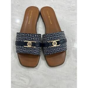 Tommy Hilfiger Blue and Brown Women's Sandals with Geometric Straps 9 1/2